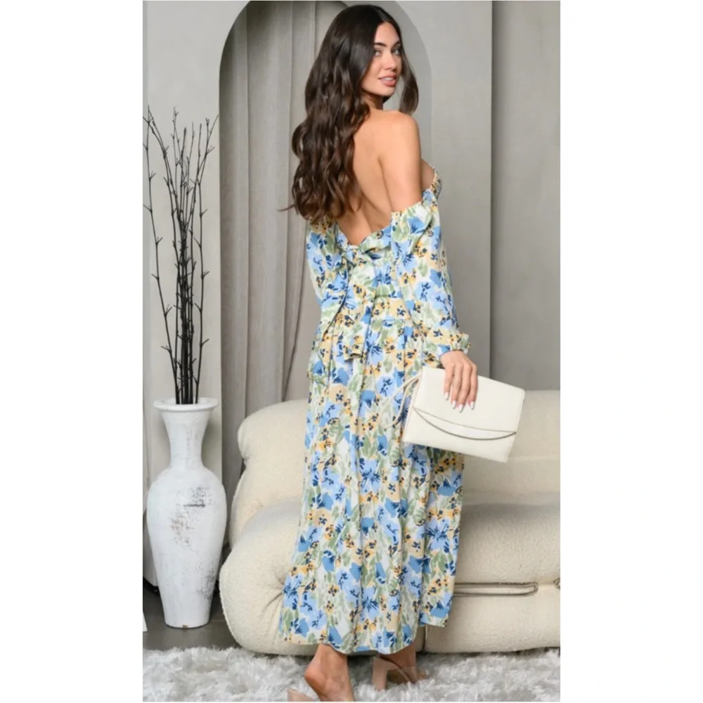 🆕 ICE BLUE COLD SHOULDER HALTER NECK FLORAL MAXI DRESS - Picture 3 of 3
